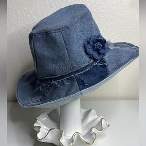 Women's Denim Bucket Hat with Floral Accent in Blue
